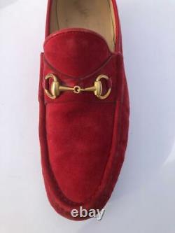 VTG GUCCI Brass Horse Bit Red Suede Leather trim slip on WM Loafers 8.5B 750