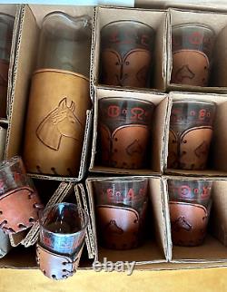 VTG Libbey BAMCO Western Glasses Tooled Leather Horse Sleeves Tray & Ice Bucket