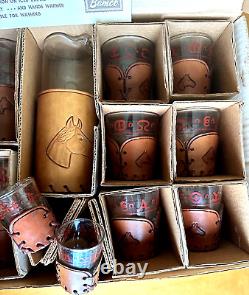 VTG Libbey BAMCO Western Glasses Tooled Leather Horse Sleeves Tray & Ice Bucket