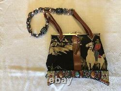 VTG Mary Frances Western Leather Trim Turquoise Bead Horse Riding Theme Hand Bag