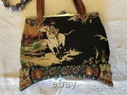 VTG Mary Frances Western Leather Trim Turquoise Bead Horse Riding Theme Hand Bag