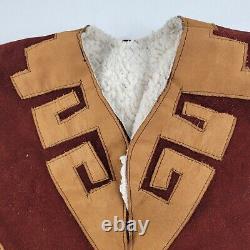 VTG Native AZTEC Western Burnt Suede Leather Poncho Mexican Fringe Horses Sherpa