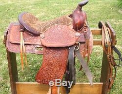VTG Western Leather Tooled Horse Riding Saddle With NOS Royal King Bridle & Bit