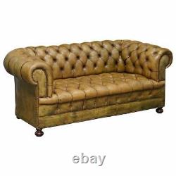 Victorian Horse Hair Green Hand Dyed Leather Chesterfield Fully Button Base Sofa