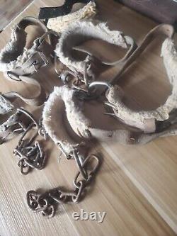 Vintage 1 Set Heavy Leather Horse Hobbles Fleece Lined 3 extra hobbles withchain