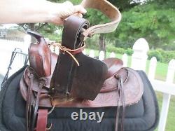 Vintage 14'' Brown Tooled Leather Western Slick Seat Roper Saddle Sqh Bars