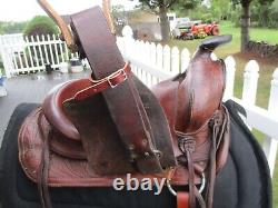 Vintage 14'' Brown Tooled Leather Western Slick Seat Roper Saddle Sqh Bars
