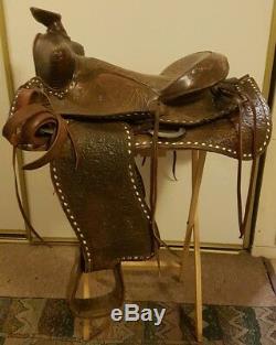 Vintage 15 1950's Western White Buck Stitch Tooled Leather Horse Saddle 1503