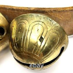 Vintage 17 BRASS Graduated Christmas Sleigh JINGLE BELLS 64 Leather Horse Strap