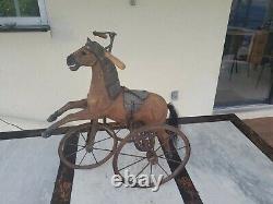 Vintage 1800's Hand Carved Wooden Horse Tricycle with Leather Saddle 24 tall