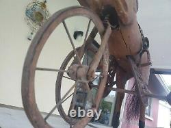 Vintage 1800's Hand Carved Wooden Horse Tricycle with Leather Saddle 24 tall