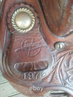 Vintage 1972 Western Longhorn Tooled Saddle Full Quarter Horse Bars US Made 15