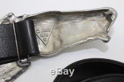 Vintage 1976 Christopher Ross Pewter Horse Buckle Black Leather Adjustable Belt