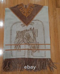 Vintage 1990's Leather Poncho Cape with Fringe, Horse image on both sides