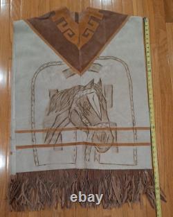 Vintage 1990's Leather Poncho Cape with Fringe, Horse image on both sides