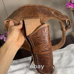Vintage. 22 CAL Single Holster Leather Gun Belt Tooled Horse Size38 RARE VGshape