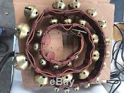 Vintage 29 brass sleigh bells on 7' leather strap horse holiday Christmas