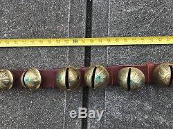 Vintage 29 brass sleigh bells on 7' leather strap horse holiday Christmas