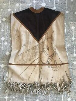 Vintage 70's Mexican Horse Cactus & Fringe Leather Poncho Festival Tooled
