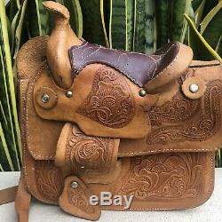 Vintage 70s 80s Brown Tooled Leather Handbag Purse Satchel Horse Saddle Bag