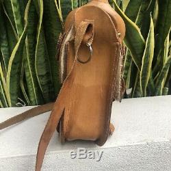 Vintage 70s 80s Brown Tooled Leather Handbag Purse Satchel Horse Saddle Bag