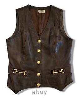 Vintage 70s CELINE Dark Brown Leather Vest Gold Horse Bit Hardware 34 US 2