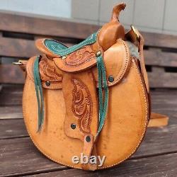 Vintage 70s Tooled Leather Handmade Shearling Horse Saddle Purse Western Bag