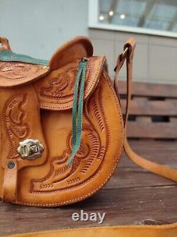 Vintage 70s Tooled Leather Handmade Shearling Horse Saddle Purse Western Bag