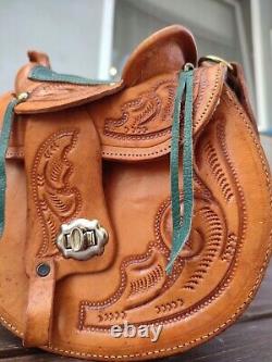 Vintage 70s Tooled Leather Handmade Shearling Horse Saddle Purse Western Bag