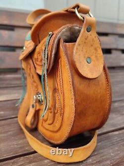 Vintage 70s Tooled Leather Handmade Shearling Horse Saddle Purse Western Bag