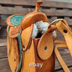 Vintage 70s Tooled Leather Handmade Shearling Horse Saddle Purse Western Bag