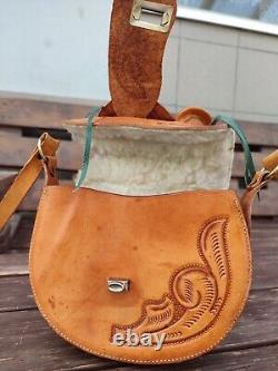 Vintage 70s Tooled Leather Handmade Shearling Horse Saddle Purse Western Bag