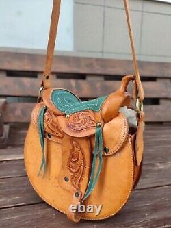 Vintage 70s Tooled Leather Handmade Shearling Horse Saddle Purse Western Bag