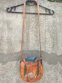 Vintage 70s Tooled Leather Handmade Shearling Horse Saddle Purse Western Bag