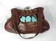 Vintage AROHOE Leather Purse 3 Huge Turquoise Accent Brown Kisslock USA