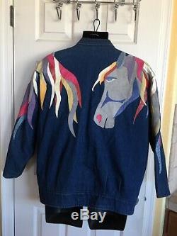 Vintage AUGUSTINA TAOS NM Horse Head Flowing Manes Denim/Leather Jacket Size Med