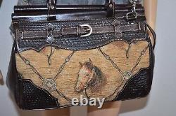 Vintage American West tooled leather handbag tapestry horse convertible purse