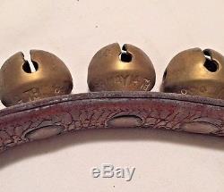 Vintage. Antique 66 Brass Sleigh Bells Patented 7' Leather Strap Horse Tack