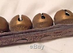 Vintage. Antique 66 Brass Sleigh Bells Patented 7' Leather Strap Horse Tack