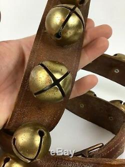 Vintage Antique Brass Horse Sleigh Bells On Leather Strap Sizes 72 Long