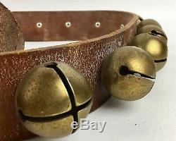Vintage Antique Brass Horse Sleigh Bells On Leather Strap Sizes 72 Long