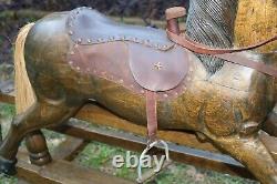 Vintage Antique Glider Rocking Horse Solid Wood and Leather with Glass Eyes VGC