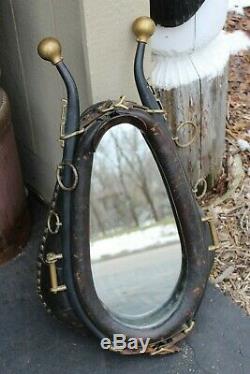 Vintage Antique HORSE COLLAR, HARNESS, Leather Brass Mirror Western Decor