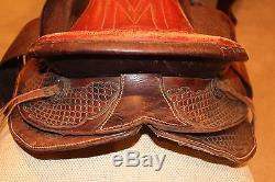Vintage Antique Leather Horse Saddle Wood & Iron Stirrups Fleece Bottom