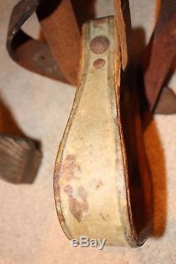 Vintage Antique Leather Horse Saddle Wood & Iron Stirrups Fleece Bottom