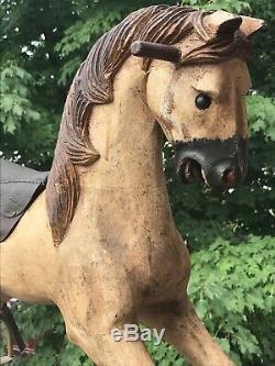 Vintage Antique Primitive Rocking Horse Leather Saddle Hair Glass Eyes Folk Art
