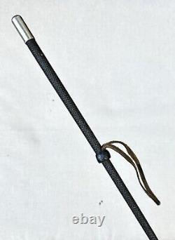 Vintage Antique Unused Black Braided Leather Silver Horse Bull Riding Whip Crop