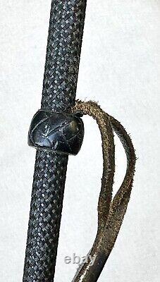 Vintage Antique Unused Black Braided Leather Silver Horse Bull Riding Whip Crop