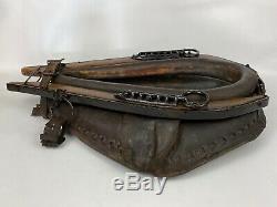Vintage Antique Western Horse Collar Mirror With Leather, Black Iron 25.5