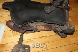Vintage Antique Wood & LEATHER Horse Military Saddle Tooled Prop Decor